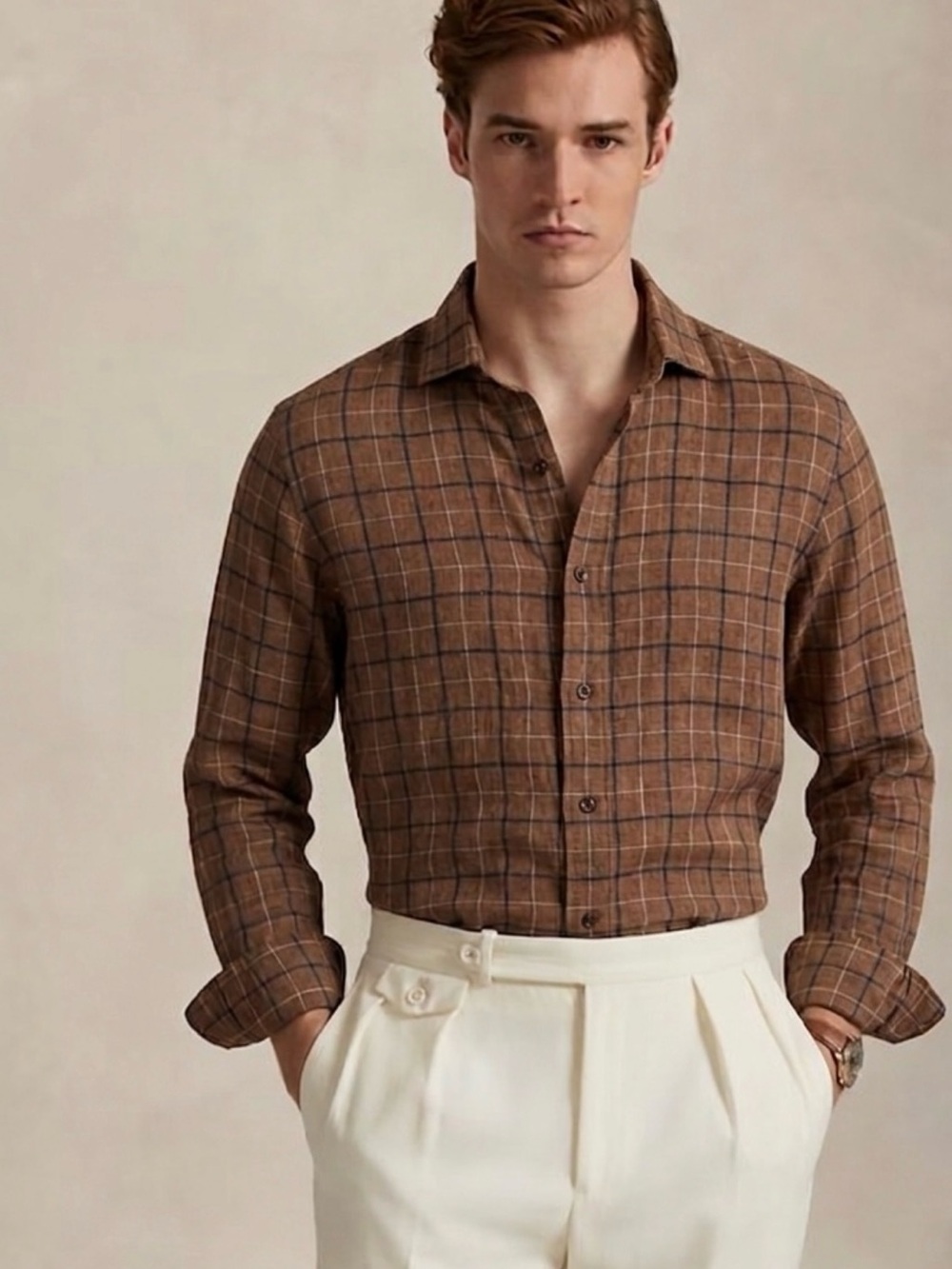 Saks Fifth Avenue Brown Plaid Button-Down Shirt-Limited edition